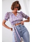 Short envelope blouse with flowers and a belt, purple and cream 02041 - Online store - Boutique